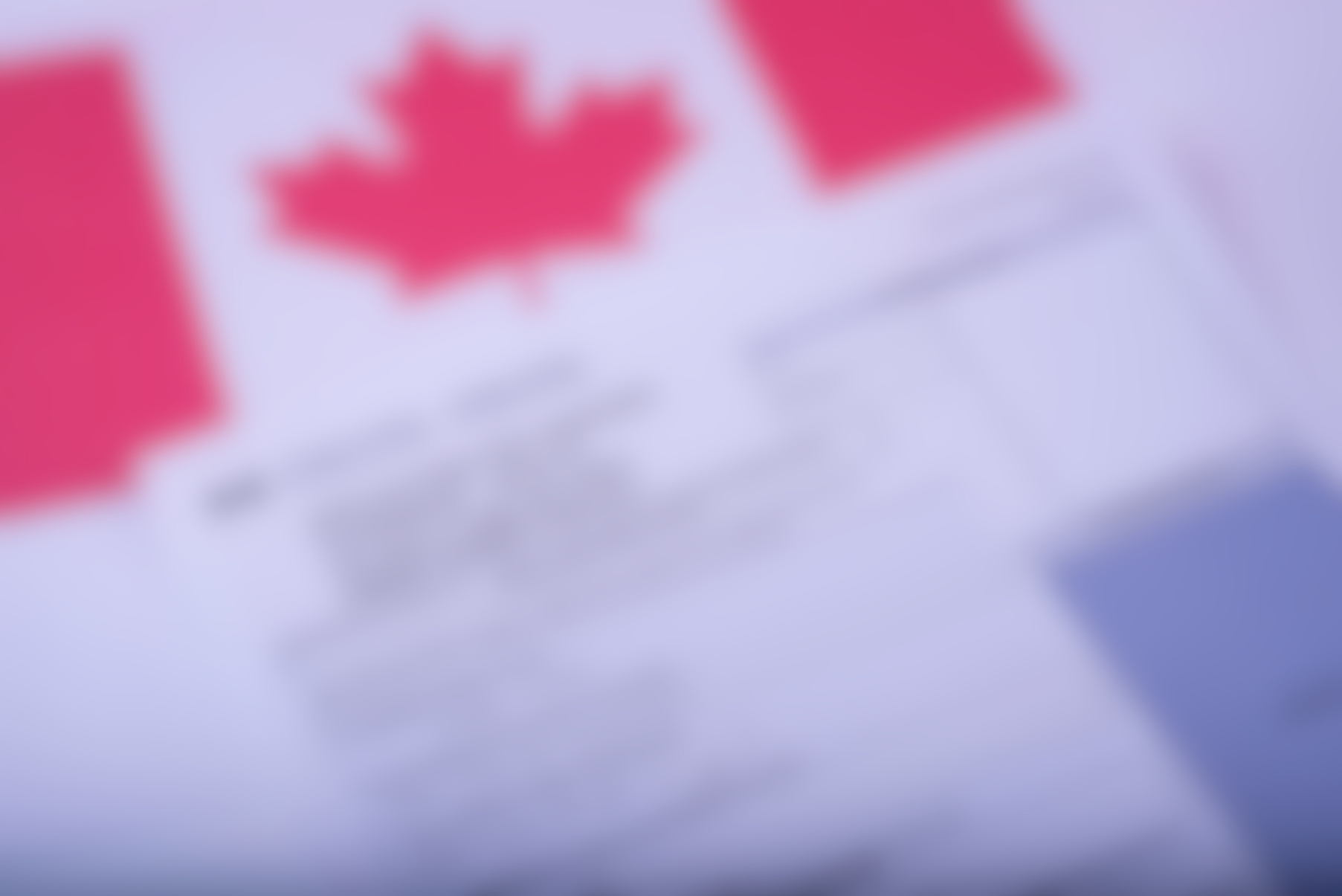 Application for Canadian Citizenship - Adults. Immigration, Refugees and Citizenship Canada form on Canadian flag surface.